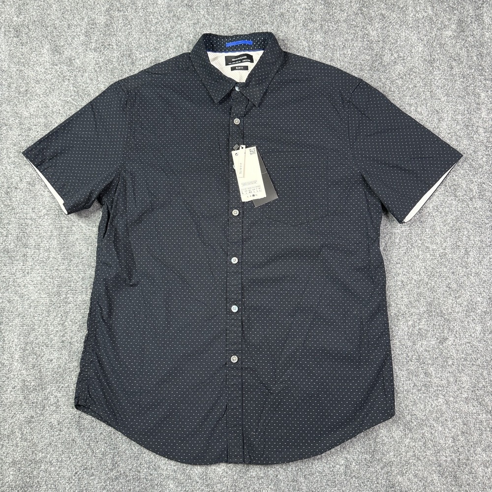 Denim & Flower Mens Slim Fit Shirt L Black Geometric Short Sleeve Button Up NWT